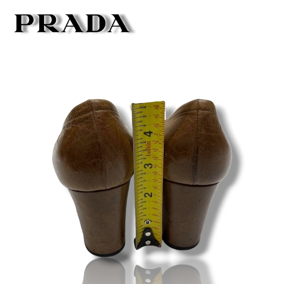 PRADA Ruched Brown Leather Heel Rpund Toe Pumps Size 39 - Picture 3 of 4